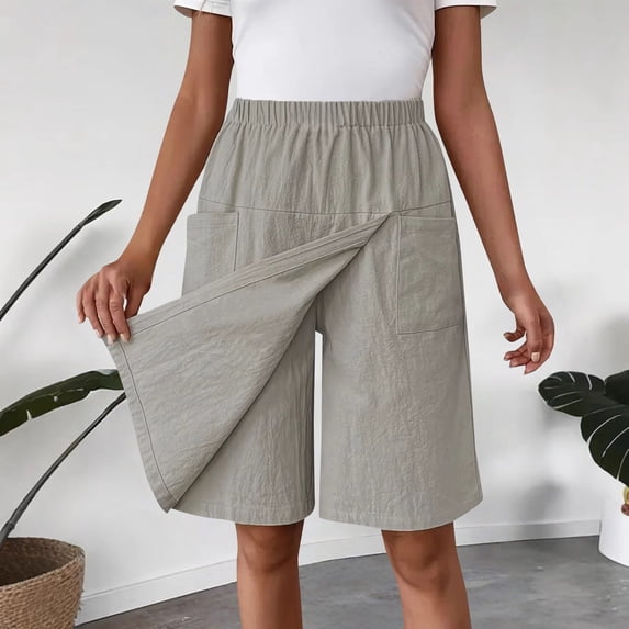 Endives Women's Linen Short Solid Color with Pocket Casual Shorts with Skirt Pants Women's Casual Pants Summer Light Ashy