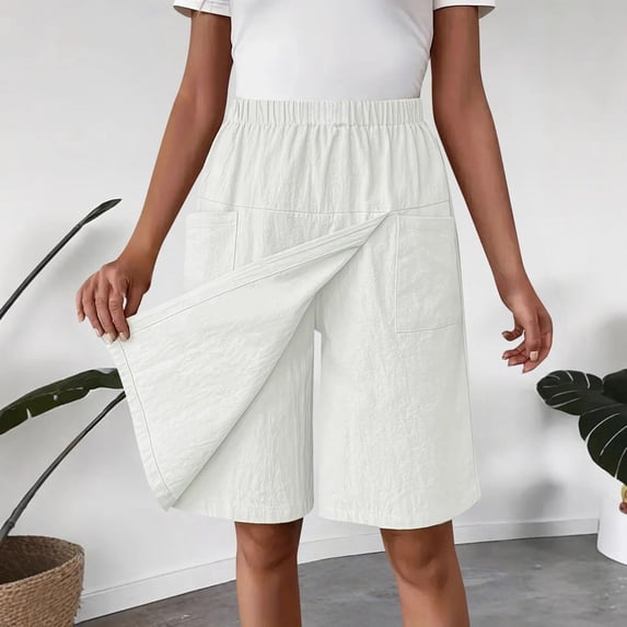 Endives Women's Linen Short Solid Color with Pocket Casual Shorts with Skirt Pants Women's Casual Pants Summer White