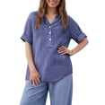 thumbnail image 1 of Endives Women's Linen T-Shirt Stand Color Striped Printed Loose Casual Short Sleeve T Shirt Women's Plus S-5XL Blue, 1 of 7