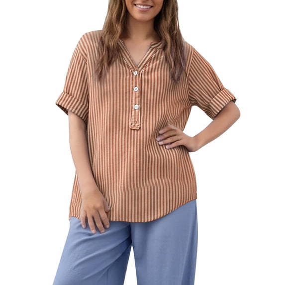 Endives Women's Linen T-Shirt Stand Color Striped Printed Loose Casual Short Sleeve T Shirt Women's Plus S-5XL Coffee