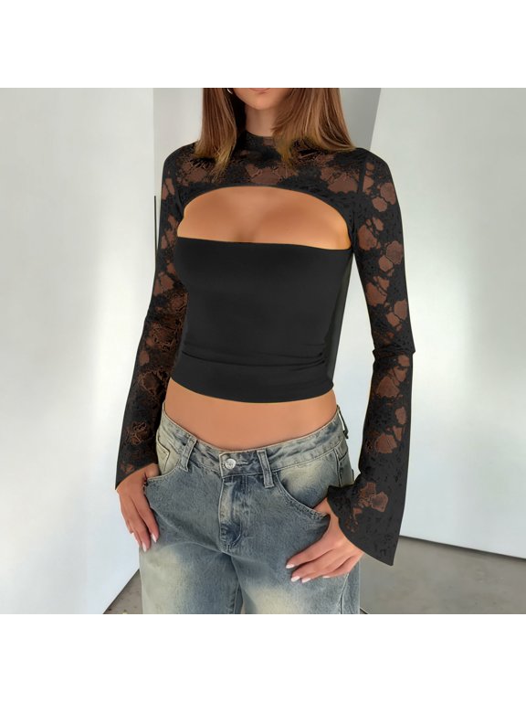 Women's Long Sleeve Mesh Top Fashion Hollow T Shirt Mock Neck Casual Top Y2K Streetwear Black