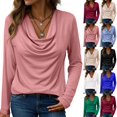 thumbnail image 1 of Endives Women's Long Sleeve Shirt Draped Cowl Neck Tops Flared Collar Ribbed Elengant Solid Color Blouse Dressy Casual Shirts Business Outfits Spring Trendy Light Blue, 1 of 7