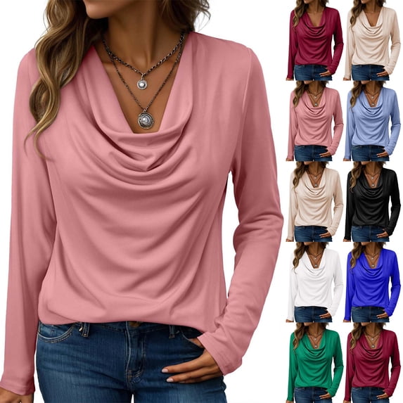 Endives Women's Long Sleeve Shirt Draped Cowl Neck Tops Flared Collar Ribbed Elengant Solid Color Blouse Dressy Casual Shirts Business Outfits Spring Trendy Light Blue