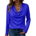 thumbnail image 1 of Endives Women's Long Sleeve Shirt Draped Cowl Neck Tops Flared Collar Ribbed Elengant Solid Color Blouse Dressy Casual Shirts Business Outfits Spring Trendy Blue, 1 of 6