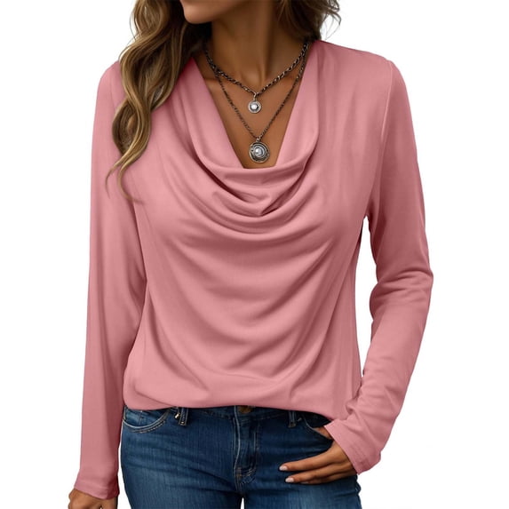 Endives Women's Long Sleeve Shirt Draped Cowl Neck Tops Flared Collar Ribbed Elengant Solid Color Blouse Dressy Casual Shirts Business Outfits Spring Trendy Pink
