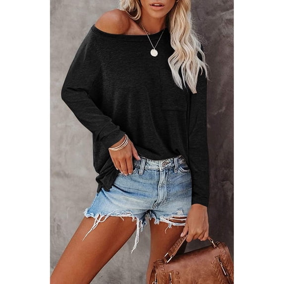 Endives Women's Long Sleeve Shirt Spring Basic Tee Round Neck Split Casual Loose Top T Shirt Outerwear T-Shirt with Pocket Spring Black