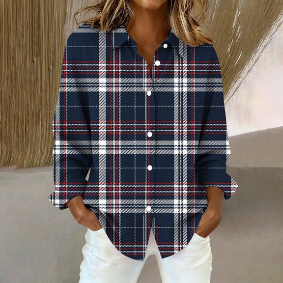 Endives Women's Long Sleeve Shirts Fashion Casual Plaid Printed Button Womens Tops