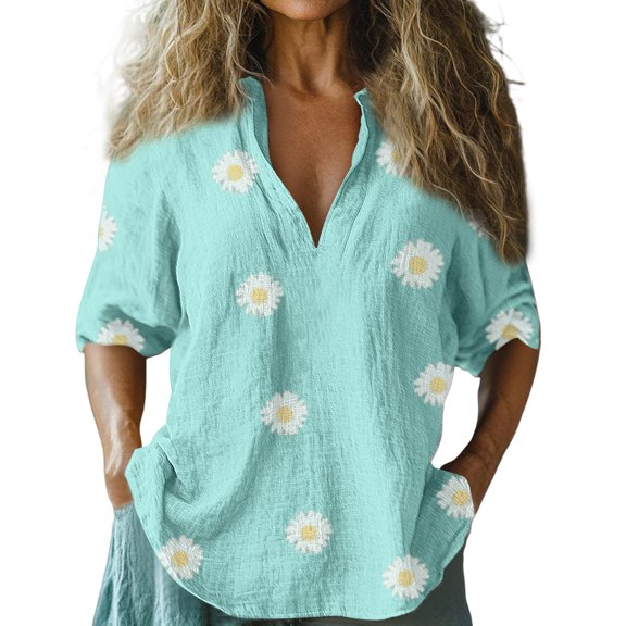 Endives Women's Long Sleeve T-shirt Baggy Cotton Linen Tops Blouse Plus Size Long Sleeve V Neck T Shirt