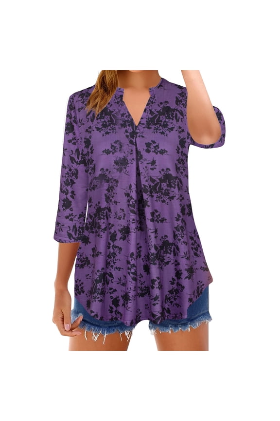 Women's Long Sleeve T-shirt Casual 3/4 Sleeve Blouses V Neck Business Work Shirts Womens Tops