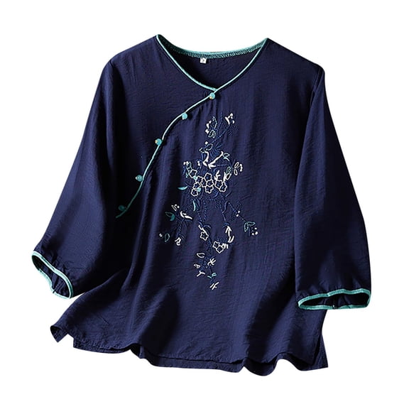 Endives Women's Long Sleeve T-shirt Cotton Linen Shirts Summer Retro Embroidered Boho Tops Casual Trendy Blouses
