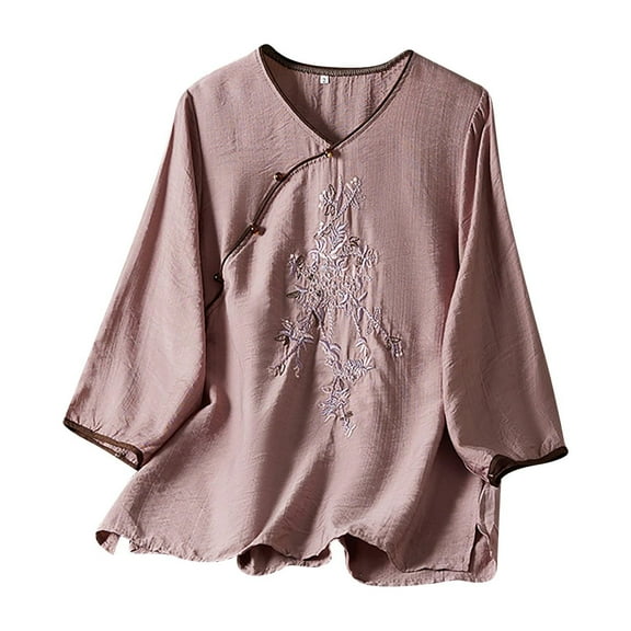 Endives Women's Long Sleeve T-shirt Cotton Linen Shirts Summer Retro Embroidered Boho Tops Casual Trendy Blouses