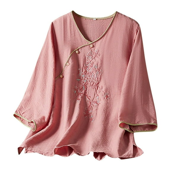 Endives Women's Long Sleeve T-shirt Cotton Linen Shirts Summer Retro Embroidered Boho Tops Casual Trendy Blouses