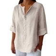 thumbnail image 1 of Endives Women's Long Sleeve T-shirt Linen Shirts Summer Cotton Linen V Neck Tops Loose Vacation Beach Solid Blouses Tunic Tops, 1 of 4