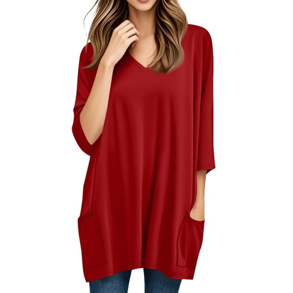 Endives Women's Long Sleeve T-shirt Tunics Summer V Neck Tshirts With Pockets Long Blouses Casual Tops