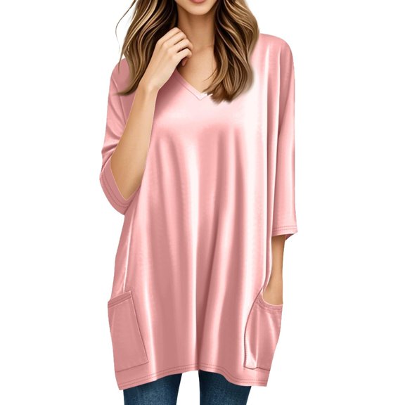 Endives Women's Long Sleeve T-shirt Tunics Summer V Neck Tshirts With Pockets Long Blouses Casual Tops