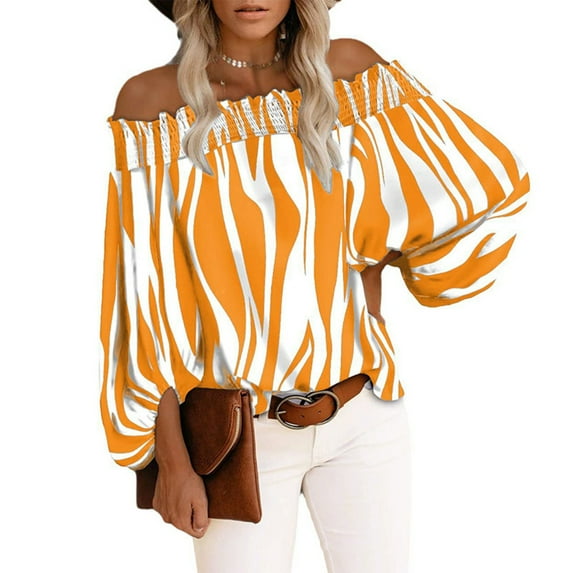 Endives Women's Long Sleeve Tops Striped Off Shoulder Chiffon Shirt Casual Boho Floral Print Flare Sleeve Blouses Fall Tops