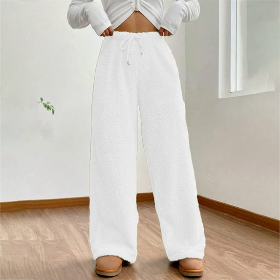 Endives Women's Lounge Pants Fuzzy Plush Pajama Pants Elastic Waist Wide Leg Bottoms Pants Winter Warm
