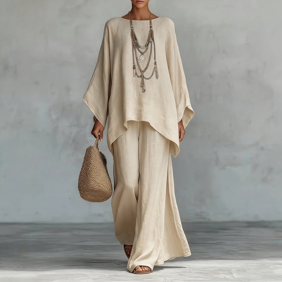 Endives Women's Lounge Set Cotton Linen Shirt and Wide Leg Pant Comfortable Loose Fitting Top And Pants Two Piece Set Spring Summer Khaki