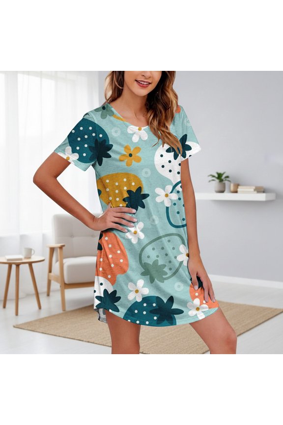 Women's Nightgown Short Sleeve Sleeshirt Crew Neck Printed Soft Sleep Dress Lightweight Nightshirt for Hot Sleepers Summer Casual Dress Loose Beach Skirt Light blue XXL
