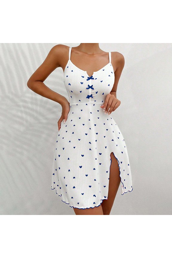 Women's Nightgown Sleepshirt Heart Print Flared Slit Out Halter Sleepdress Comfortable Lounge Dress Night Wear Summer Nightgown