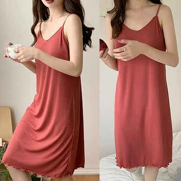 Endives Women's Nightgowns Cotton Sleeveless Nightgown Spaghetti Strap V Neck Full Slip Sleep Dress