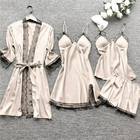 Endives Women's Nightgowns Sleepshirts Sleepwear Lace Robe Dress Set Pajamas Nightdress Silk
