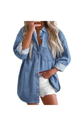 Women’s Oversized Button Up Frayed Hem Shacket Long Sleeve Pockets Denim Jean Jacket Shirts for Women