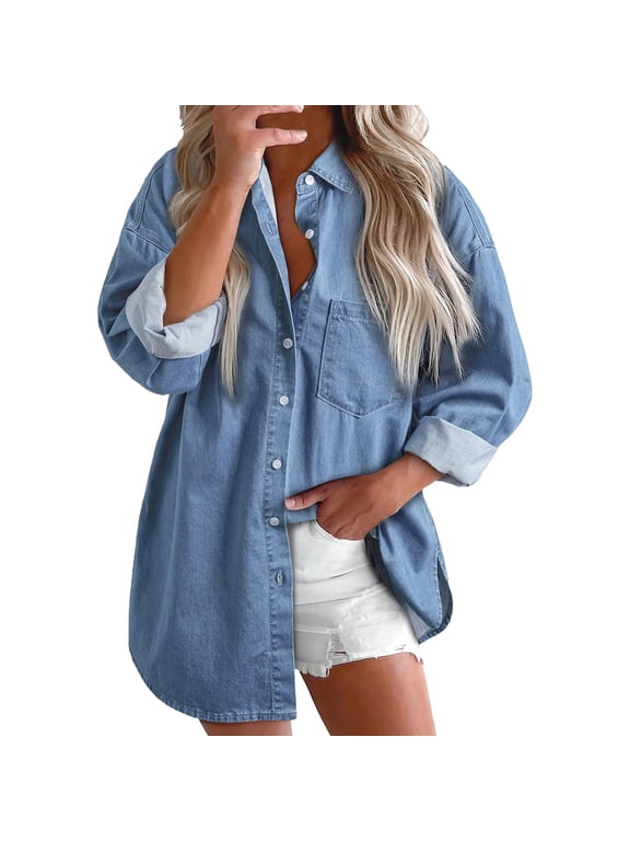 Women’s Oversized Button Up Frayed Hem Shacket Long Sleeve Pockets Denim Jean Jacket Shirts for Women