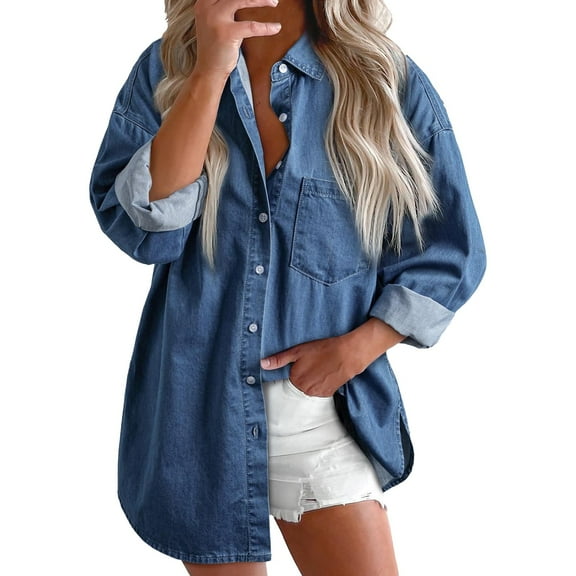 Endives Women’s Oversized Button Up Frayed Hem Shacket Long Sleeve Pockets Denim Jean Jacket Shirts for Women