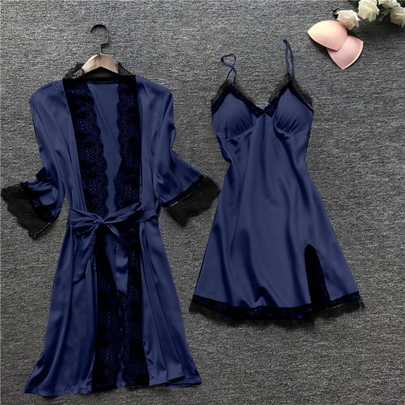 Endives Women's Pajama Set 4 Piece Soft Lightweight Pajama Set for Women Long Sleeve Robe & Nightgown & Camisole Top & Shorts Soft Pjs for Women Sleepwear Loungewear Set Navy M