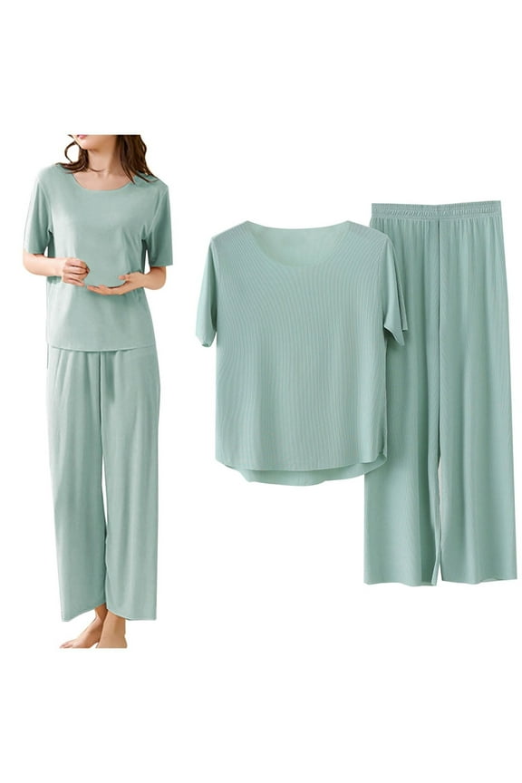 Women's Pajama Sets 2 Piece Outfits Summer Casual Loose Short Sleeve Pullover Tops Wide Leg Pants Sets Tracksuits