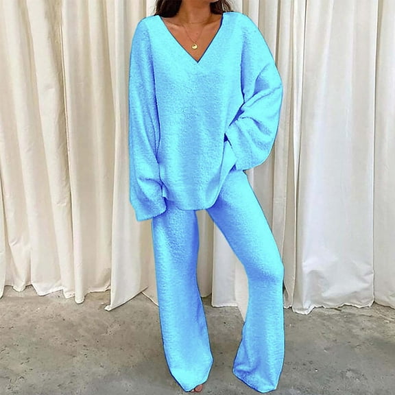 Endives Women's Pajama Sets Fuzzy Sets 12 Piece Outfits Long Sleeve Top Wide Leg Pants Pajama Sets