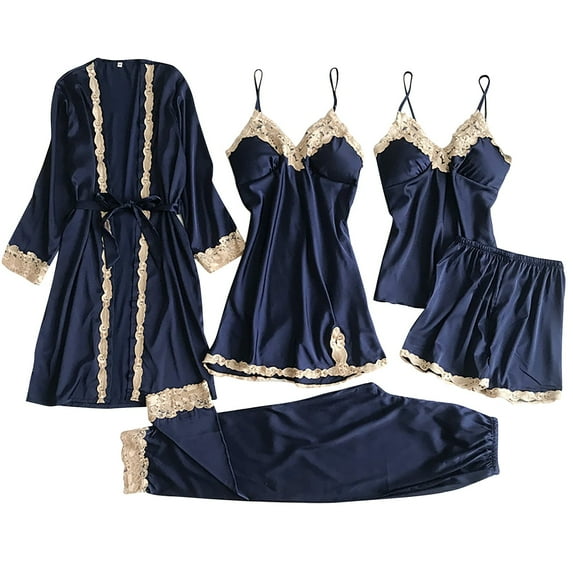 Endives Women's Pajama Sets Satin Pajamas Set 5 Piece Pajamas Silk Lace Paneled Pajama Sets