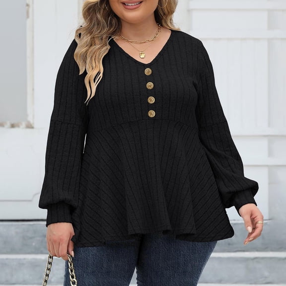 Endives Women's Plus Size Sweater V Neck Ribbed Fleece Sleeved Top Buttons Fall Sweater