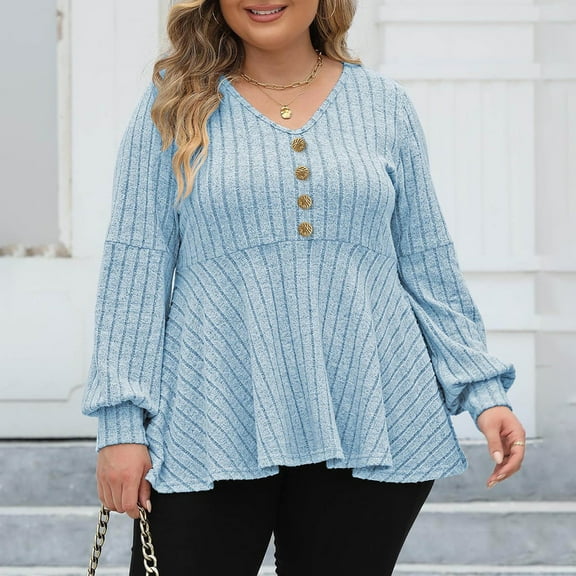 Endives Women's Plus Size Sweater V Neck Ribbed Fleece Sleeved Top Buttons Fall Sweater