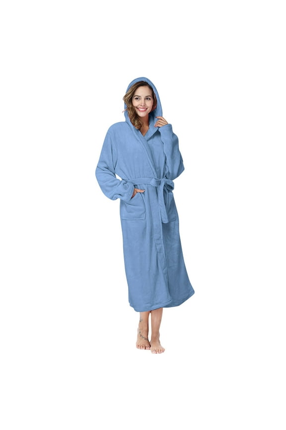Women's Robes Lightweight Soft Plush Long Flannel Sleepwear Fleece Hooded Bathrobe Plush Long Robe