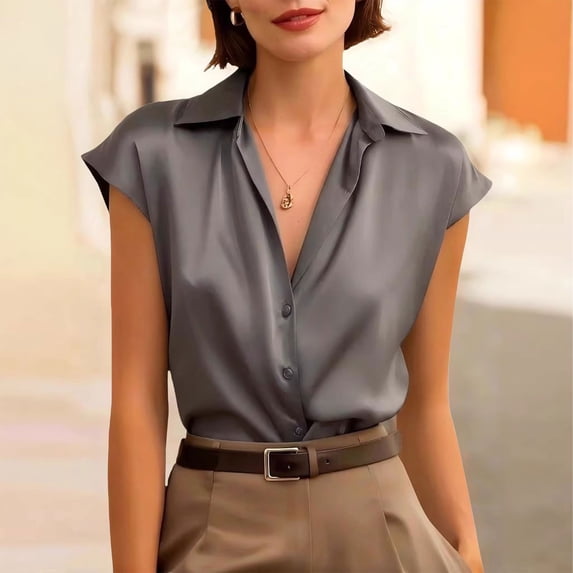 Endives Women's Satin Shirt Elegant Short Sleeve Shirts V Neck Work Shirt Business Casual Outfits Womens Blouses Dressy Summer Tops S-5XL Grey XXXL