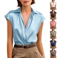 thumbnail image 1 of Endives Women's Satin Shirt Elegant Short Sleeve Shirts V Neck Work Shirt Business Casual Outfits Womens Blouses Dressy Summer Tops S-5XL Light Green M, 1 of 7