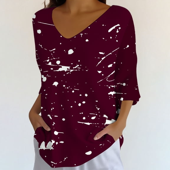 Endives Women's Shirts Elegant Retro Art Print V Neck Loose Mid Length Sleeve Womens Top Blouse