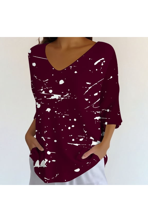 Women's Shirts Elegant Retro Art Print V Neck Loose Mid Length Sleeve Womens Top Blouse