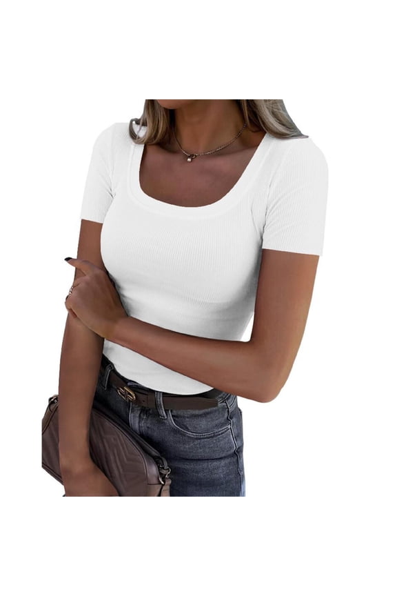Women's Short Sleeve Scoop Neck Ribbed Knit Fitted Casual Tops Tee Summer Slim Basic Shirts
