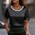 thumbnail image 1 of Endives Women's Short Sleeve T Shirt Beaded Round Neck Solid Color Fashion Elegant Satin T-shirt Summer Tops Black, 1 of 6