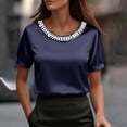 thumbnail image 1 of Endives Women's Short Sleeve T Shirt Beaded Round Neck Solid Color Fashion Elegant Satin T-shirt Summer Tops Dark Blue, 1 of 6