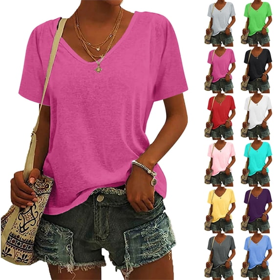 Endives Women's Short Sleeve T Shirt V Neck Classic Fit Fashion Casual T Shirt Solid Color Basic Tee T-Shirt Light Ashy
