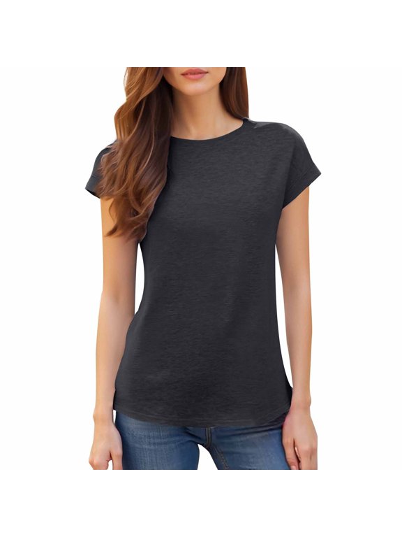 Women's Short Sleeve T-Shirts Casual Solid Color Tops Basic Loose Crew Neck Pullover Tee