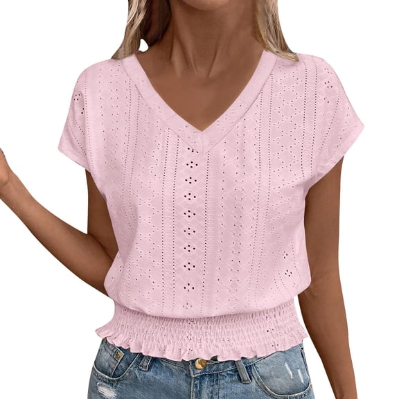 Endives Women's Short Sleeve T-shirt 2025 Summer V Neck Hollow T Shirt Fashionable Casual Top T Shirt