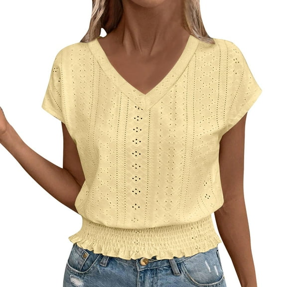 Endives Women's Short Sleeve T-shirt 2025 Summer V Neck Hollow T Shirt Fashionable Casual Top T Shirt