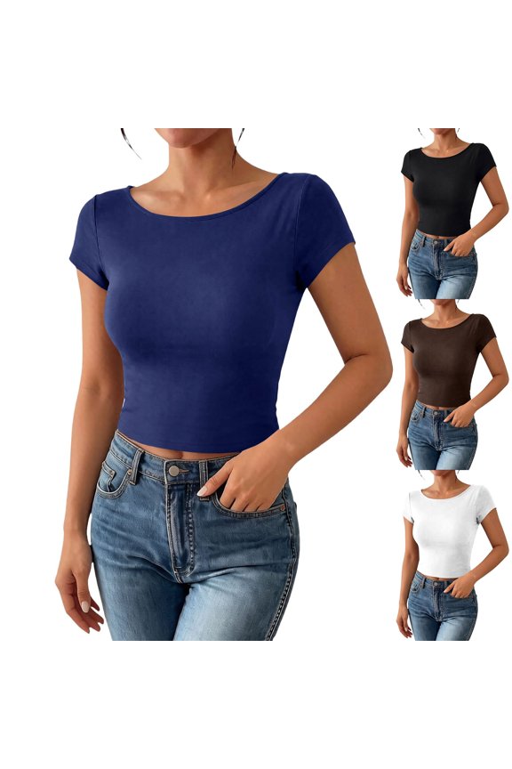 Women's Short Sleeve T-shirt Backless Going Out Tops Solid Color Basic Tee Slim Fit Summer Open Back Tops Crop Top T Shirts for Women Summer Sale