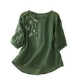 thumbnail image 1 of Endives Women's Short Sleeve T-shirt Floral Embroidered Tops Cotton Linen Shirts Boho Ethnic Tee V Neck Button Tunic T shirt, 1 of 6