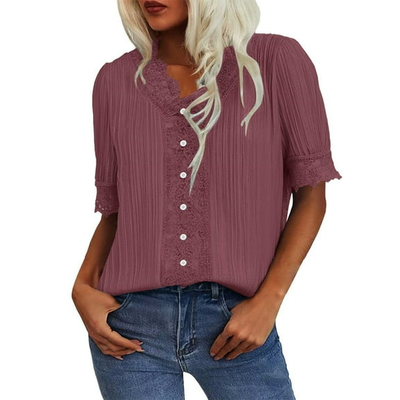 Endives Women's Short Sleeve T-shirt Lace Trim V Neck Shirts Summer Casual Tops 2025 Trendy Boho Blouses Elegant Puff Sleeve T Shirt